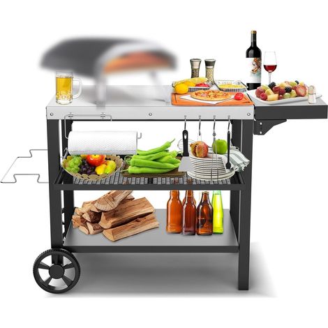 Grilltisch aus Edelstahl mit 3 Ebenen, Pizzaofenständer, Grilltisch für den Außenbereich, Werkstattwagen mit 4 Haken, Servierwagen für den Außenbereich, Tisch (1/5)