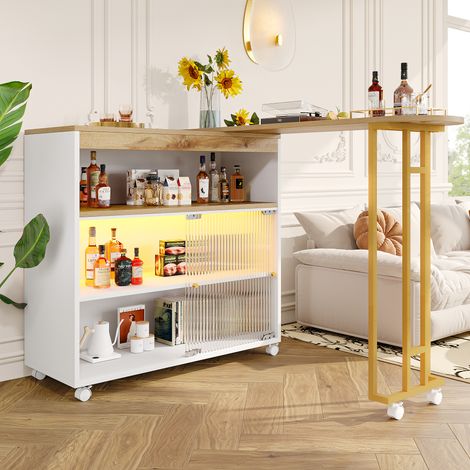 Bar Table extensible avec rangement, table de bar mobile moderne, table haute télescopique à LED, table bistrot pour cuisine, îlot central blanc (138-204×39×105 cm) (1/5)