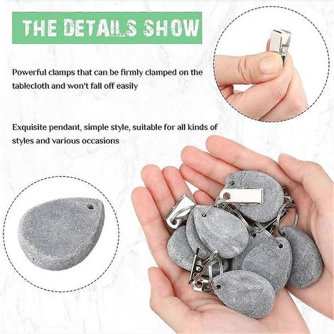 Ensemble de 10 poids de nappe en marbre gris clair avec pendentifs en forme de larme et pince en acier inoxydable pour pique-niques en plein air (1/5)