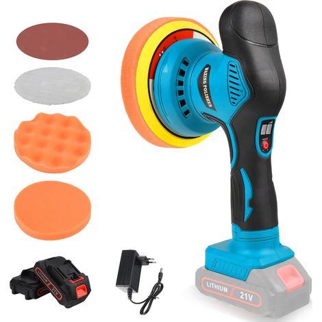 Polisseuse sans fil 150 mm, tampon et polisseur de voiture, 6 vitesses variables, kit de polissage de voiture, 2 batteries 21 V 1,5 Ah, polisseuse sans fil pour l'entretien de la voiture, le (1/5)
