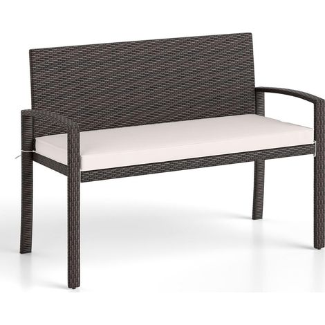 Rotin PE tressé banc 2 places avec coussin d'assise et dossier, cadre métal, pour jardin terrasse (1/5)