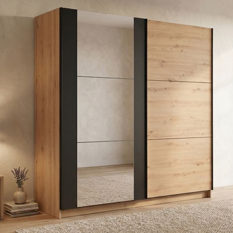 Guardaroba Grande Gandino, Armadio Camera da Letto Appendiabiti, 8 Ripiani, Apertura Scorrevole, 217x210h cm Marrone Rovere Nodi (1/5)