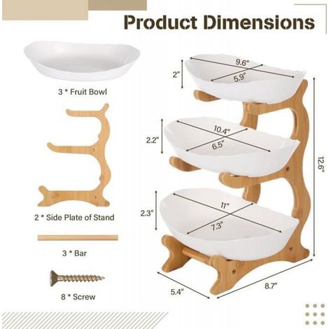 Présentoir à fruits à 3 étages, Corbeille a Fruits avec support en bois résistant, Plateaux de Service pour Gâteaux Fruits Dessert (1/5)