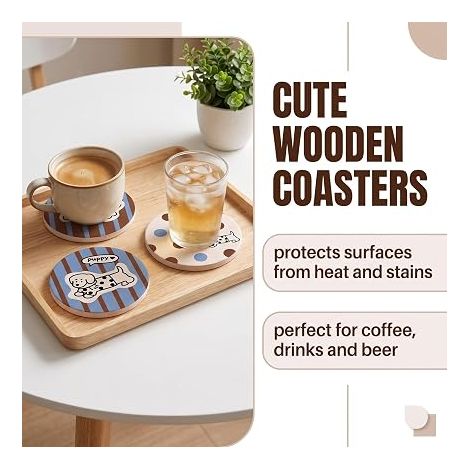 Dessous de Verre Bois - Motifs Chiens Rayés 10x10cm - Sous Verre pour Tasse à Café, Bière et Boissons - Protection de Table et Décoration, sous tasse (1/4)