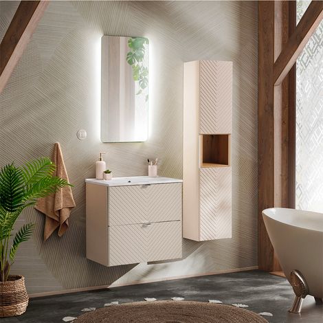 Conjunto de muebles con lavabo individual encastrado 60cm y columna Manoa Cachemira y madera (1/4)