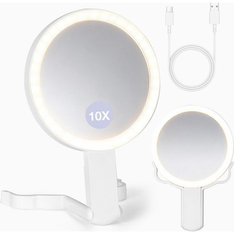Miroir Grossissant Lumineux 10X, Miroir Maquillage Lumineux des Deux Côtés, 3 Modes de Couleur, Pliable Portable, Lumières LED, pour Chambre à Coucher, Table de Toilette, Les Voyages (1/5)