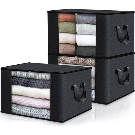 Sacs de rangement pour vêtements et couettes, noirs, lot de 6, avec poignées renforcées et fermeture éclair, 60 L (3 pièces). (1/5)