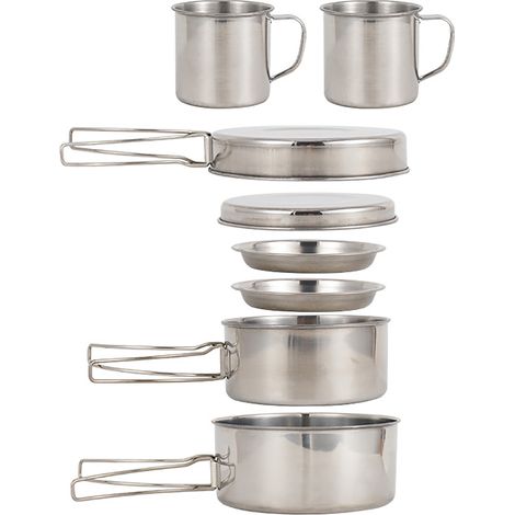 Batterie de cuisine de Camping, Kit de désordre, 8 pièces, ensemble de casseroles et poêles en acier inoxydable avec assiettes, tasses pour Camping en plein air, randonnée, sac à dos (1/5)
