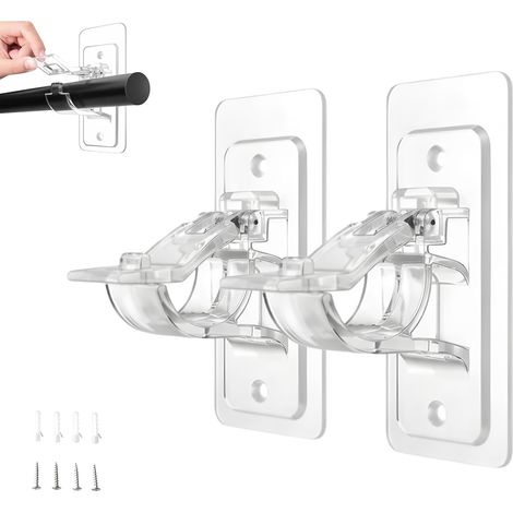 Supports de Tringle à Rideau sans Perçage 2 Pièces, Supports Transparents pour Barres Jusqu’à 30 mm, ABS et INOX, avec 2 Vis et 2 Chevilles, pour Rideau, Douche et Serviette (1/5)