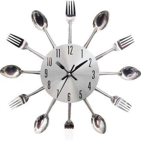 Horloge de cuisine miroir avec cuillère et fourchette, idéale pour la décoration intérieure, dimensions 32324 cm, couleur argent métallisé (1/5)