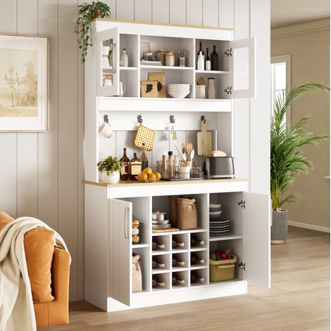 Aparador de cocina con alacena 106 x 39 x 175 cm, puertas de vidrio, botellero, blanco y madera (1/5)