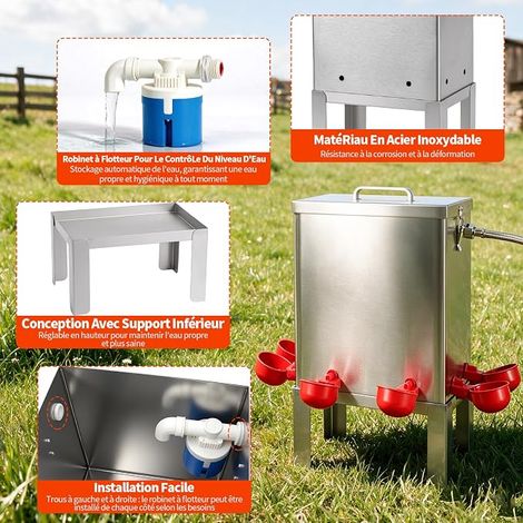 Abreuvoir pour Volaille 11 L en Acier Inoxydable  Vanne à Flotteur, Support et Tuyau, Adapté pour Poules, Canards et Cailles (1/4)