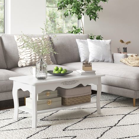 Table basse salon avec grand plateau de rangement inférieur en bois, 94x44x43 cm, blanc (1/5)