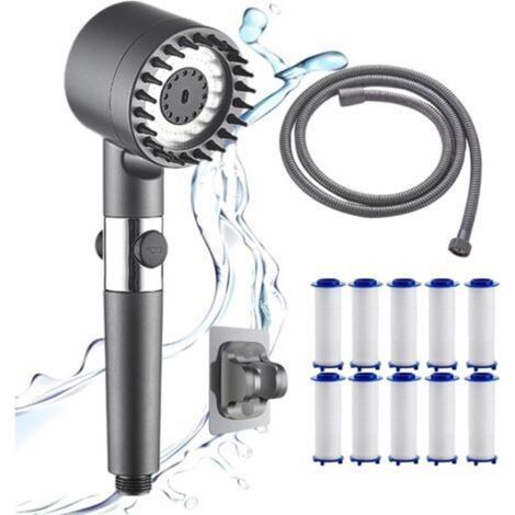 Pommeau de douche anticalcaire, pommeau de douche haute pression, pommeau de douche filtré avec filtre, douchette à main avec 4 modes de jet, gris clair (1/5)