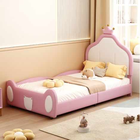 DESVIAE Lit enfant capitonné princesse avec tête de lit couronne design bicolore rose blanc 90 x 200 cm similicuir MDF (1/5)