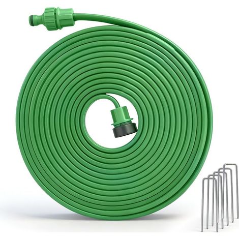 Tuyau Microporeux, 7.5m Tuyau Arrosage Extensible avec Trous et 5 Piquets de Fixation, Tuyau Poreux Arrosage, Prêt à Être Raccordé, Arroseur à Pulvérisation Fine pour Pelouses, Plantes (1/5)