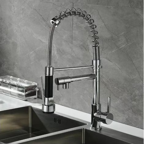 Küchenarmatur mit ausziehbarem Brausekopf und 2 Strahlarten, professionelle Küchenarmatur mit zwei Ausläufen, Edelstahl (1/5)
