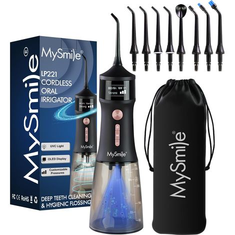 Hydropulseur sans fil stérilisable pour les dents 335ML Écran OLED portable avec 4 modes, 8 embouts de jet et une pochette de rangement pour la maison et les voyages (Noir Minuit) (1/5)