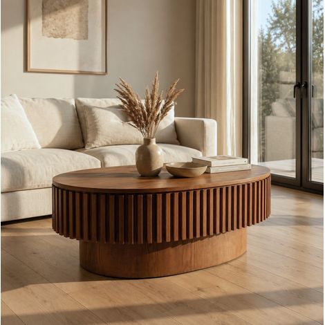 Table basse ovale avec rangement caché, plateau amovible et façade cannelée, en bois foncé et MDF, meuble d’appoint moderne pour salon, chambre ou bureau – CHICFURN (1/5)