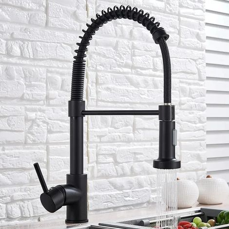 Robinet de cuisine à ressort en nickel brossé (noir), mitigeur sur plage, rotation à 360°, douchette, robinets d'eau chaude et froide pour évier de cuisine. (1/5)