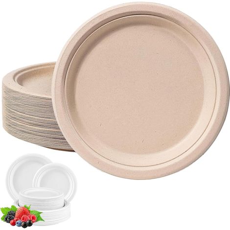 Assiettes Jetables Rondes 25cm, 100 Pièces - Assiettes en Canne à Sucre Rigides pour Camping, Pique-niques, Barbecues, Anniversaires (1/5)