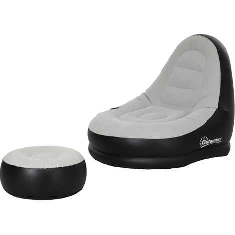 Chaise 125 x 100 x 87 cm système gonflable pouf repose-pieds porte-gobelets gris clair usage camping et maison (1/3)