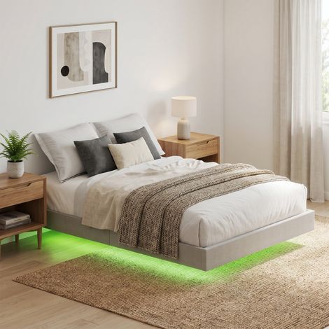 Lit Flottant 160 x 200 cm avec Éclairage LED Intelligent, Cadre de Lit Double Rembourré en Lin (1/5)
