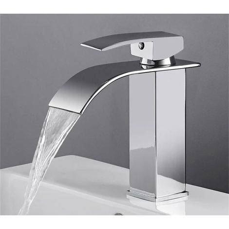 Waschbeckenarmatur aus Messing, Wasserfallarmatur, Badewannenarmatur aus Messing mit Warm- und Kaltwassermischer, Waschtischarmatur zur Montage auf der Waschtischplatte (1/5)