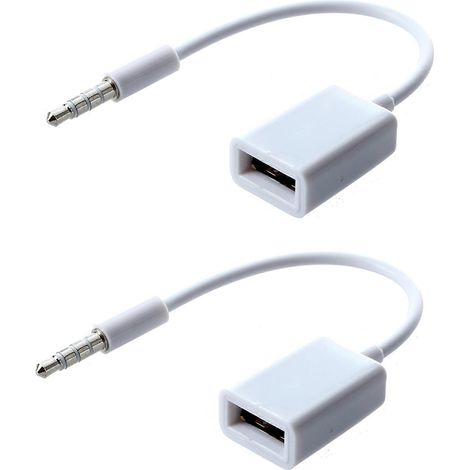 Deux câbles adaptateurs blancs pour prise audio AUX mâle 3,5 mm pour voiture MP3 vers USB 2.0 femelle. (1/3)