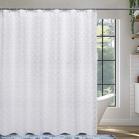 Rideau De Douche - Tissu Polyester Blanc 72x72 Pouces - Motif Tartan Rayé - Bord Ruché - Pour Salle De Bain - 1 Pièce (1/5)