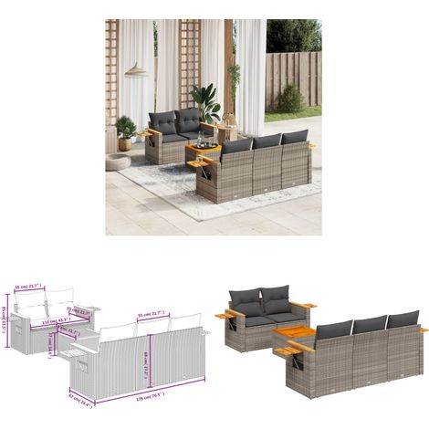 6-tlg. Garten-Sofagarnitur mit Kissen Grau Poly Rattan - Gartenmöbel - Sofasgarnituren - Outdoor Möbel - PE-Rattan - Lounge Set - Home & Living (1/3)