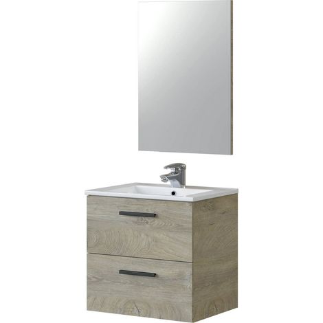 Mobile sottolavabo Affa, Mobiletto per bagno a 2 cassetti, Armadietto sospeso con specchio, lavabo non incluso, 60x45h57 cm, Rovere