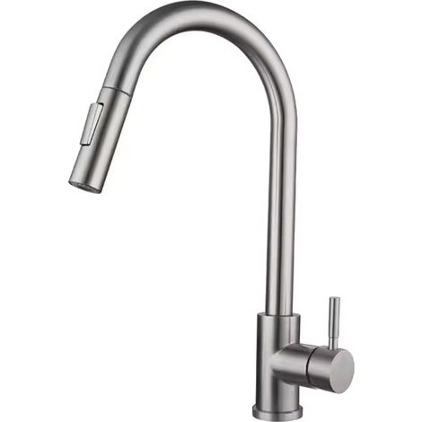 Robinet de cuisine en acier inoxydable brossé et érable, à douchette extractible, monotrou (1/5)