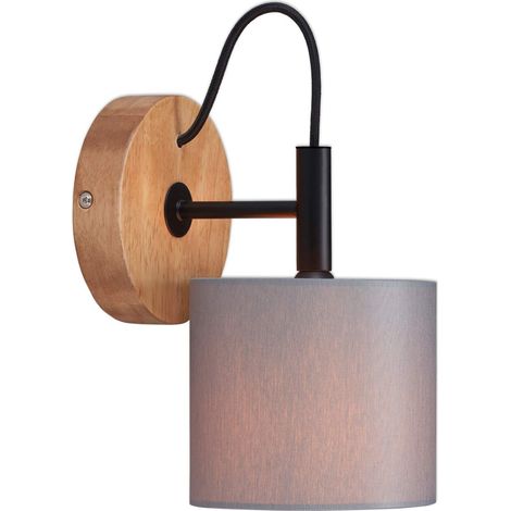 Spot, applique murale, rétro, vintage, 1x E14, métal-bois incl. abat-jour en tissu gris, 125x178mm (DxA), 2075-014, noir-bois-gris (1/5)