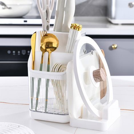 Étagère de rangement multifonctionnelle pour la cuisine, planche à découper, couvercle de casserole, porte-baguettes, fourchettes et cuillères, blanc perle (1/5)