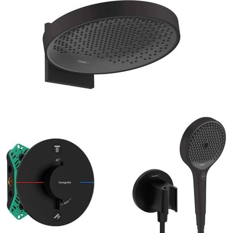Hansgrohe - Set de douche avec thermostat encastré, corps d’encastrement, diamètre 36 cm, 3 jets, noir mat SANI21HHH410