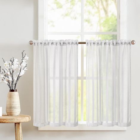 Rideau Cuisine Court Voilage à Rayures à Passe Tringle Blanc Intérieur Translucide 90 x 90 cm(L x H), Modernes Brise-Bise et Draperies pour Fenetre Porte Salle à Coucher 2 PCs (1/5)