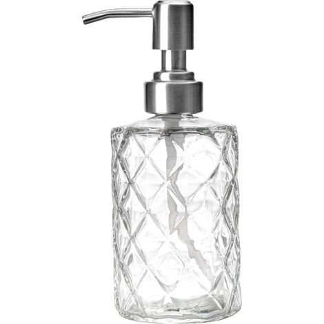Distributeur de savon en verre transparent - 350 ml - Avec pompe en acier inoxydable - Bouteille liquide rechargeable pour savon pour les mains, lotion, gel douche - Distributeur de liquide vaisselle (1/5)