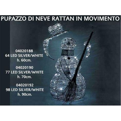 Pupazzo di neve luminoso in rattan con 64 luci a led - altezza 60 cm - colore argento/bianco