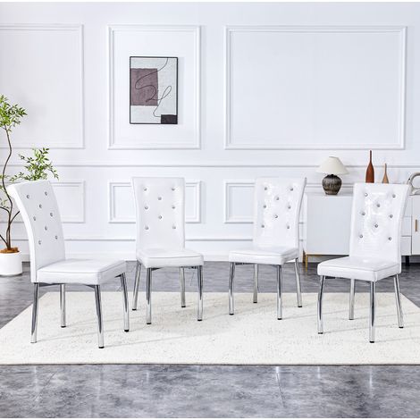 Lot de 4 chaises de salle à manger, en PVC et métal, avec dossier rembourré et pieds métalliques, blanc (1/5)