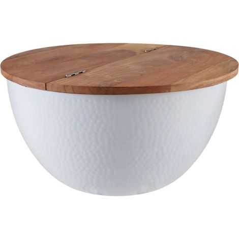 Tavolino basso TRIANE 60 cm con contenitore – Piano in legno di acacia e struttura in metallo bianco martellato