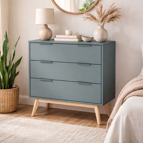 Commode 3 tiroirs 80x40x83 cm en pin vert grisé - KLIMEA