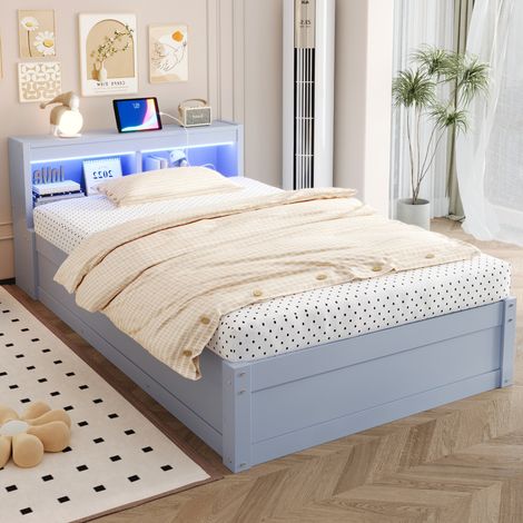 Letto singolo multifunzione 90x200 cm grigio in MDF con LED, presa integrata e vano contenitore (1/5)