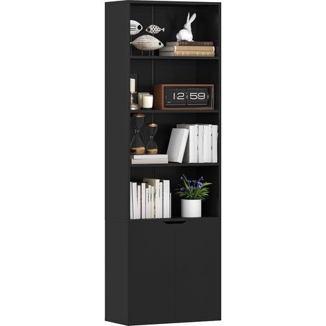 Bibliothèque noire 6 niveaux avec portes et 4 étagères ouvertes, 59x29x180 cm, design vertical gain de place optimal