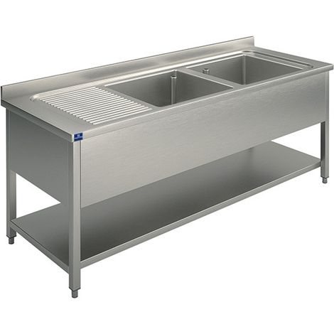 Plonge, 2 Bacs, Égouttoir à Gauche, Sur Piètement, Avec Étagère Inférieure, 1400X700 mm - Mastro
