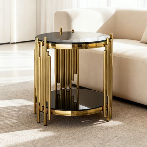 Bout de Canapé Rond en Verre Trempé et Inox - 45x45x55cm - Table de Chevet Design Luxe avec 2 Étagères - Noir et Or (1/5)