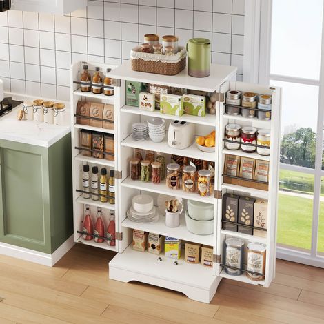 DESMIU Buffet de cuisine haut LED avec 2 portes, étagère réglable et rangement de porte, pour cuisine 60 × 40 × 120 cm (1/5)