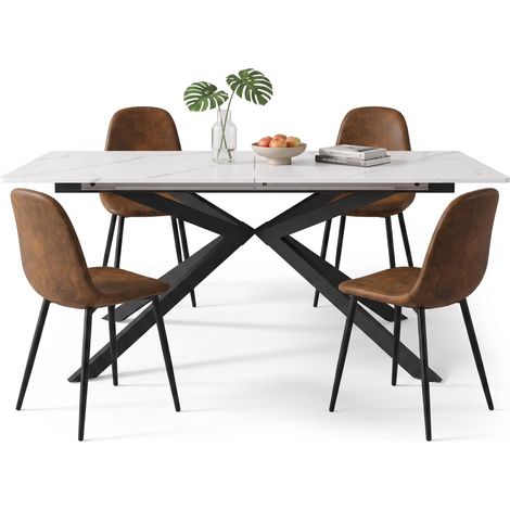 FurnitureR MDF Essgruppe 5-teilig mit Ausziehtisch und 4 Stühlen  Ausziehbarer MDF-Tisch in Marmoroptik mit 4 braunen Stühlen in Wildlederoptik für moderne Essbereiche (1/5)