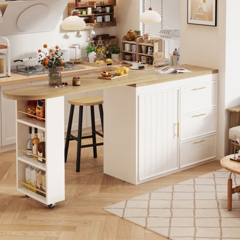 Table de bar cuisine,pivotante à 360°, avec étagères réglables et dispositif anti-basculement, 3 tiroirs et étagère latérale,Table haute polyvalente pour salle à manger, salon et bureau à domicile,Bla