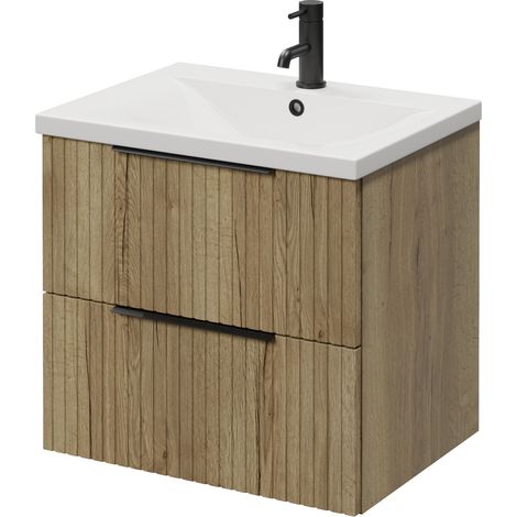 Helix 460 Fluted Autumn Oak 600mm Wall Mounted 2 Drawer Vanity Unit with Glide Basin